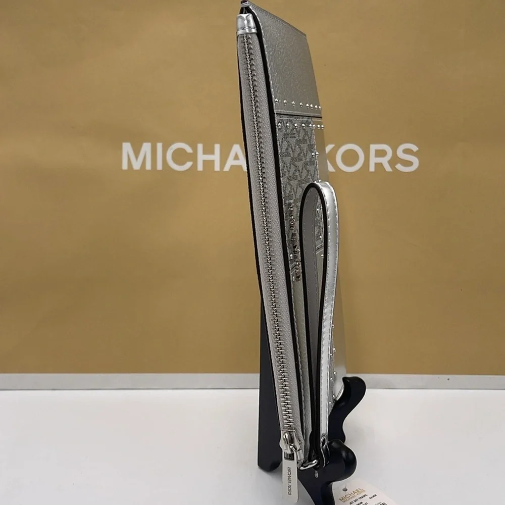 Michael Kors Jet ST Lg TZ Studded Metallic Patchwork and Signature Logo Wristlet